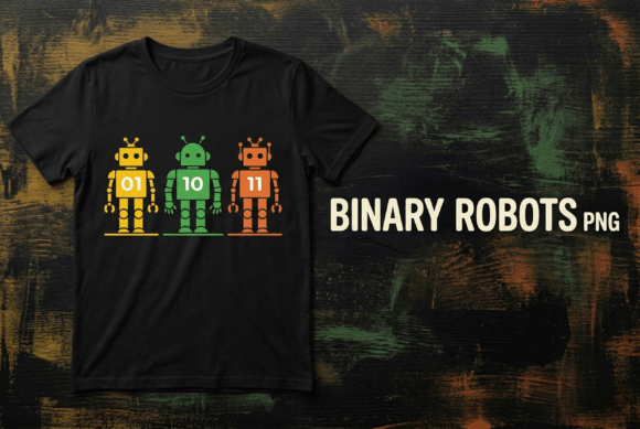 Cute Binary Robots Coding Graphic PNG: Strategic Asset for Tech Branding and Merchandise