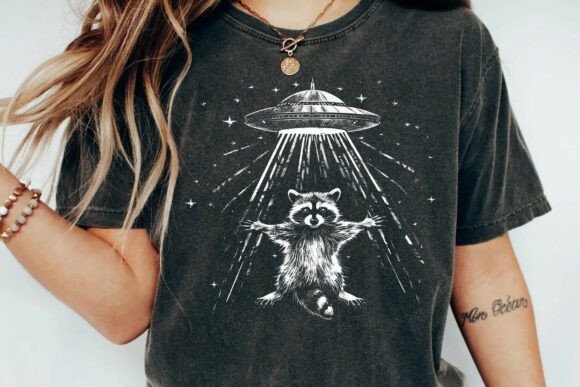 Funny Raccoon UFO Alien Abduction Space Graphic Vintage Trash Panda Png