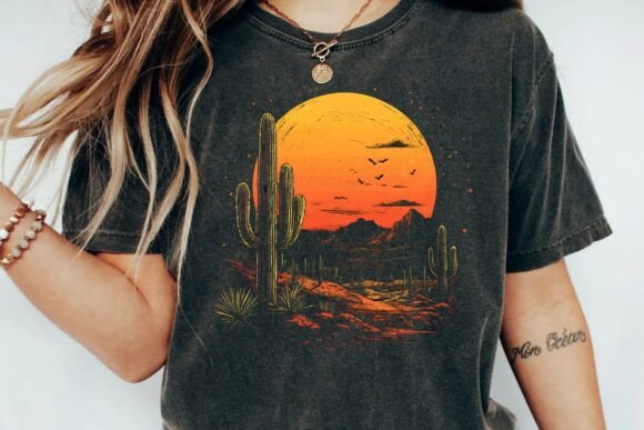 Vintage Desert Sunset Cactus Mountain Retro T-Shirt PNG