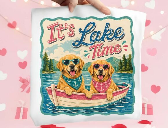 Vintage Retro Lake Life Shirt Graphic: Golden Retriever PNG